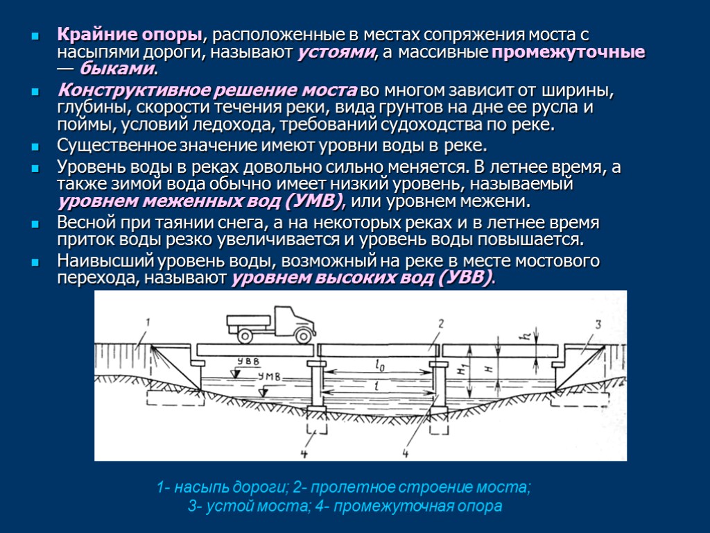 Крайние опоры, расположенные в местах сопряжения моста с насыпями дороги, называют устоями, а массивные